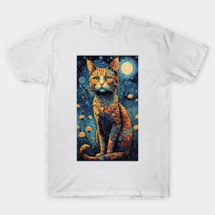 Starry Night Paws: Van Gogh's Cosmic Cat T-Shirt